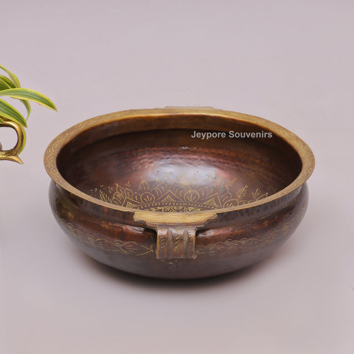 Hammered Brass Urli Bowl with Ethnic Floral border &amp; Side Handles
