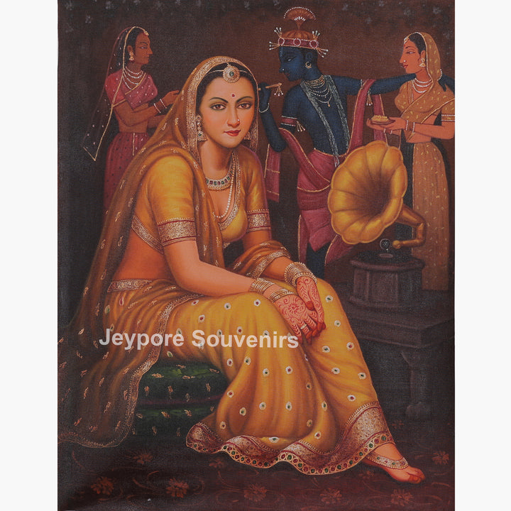 Lady Listening Bhajan Backdrop of Krishna and Gopi Figures - Painting