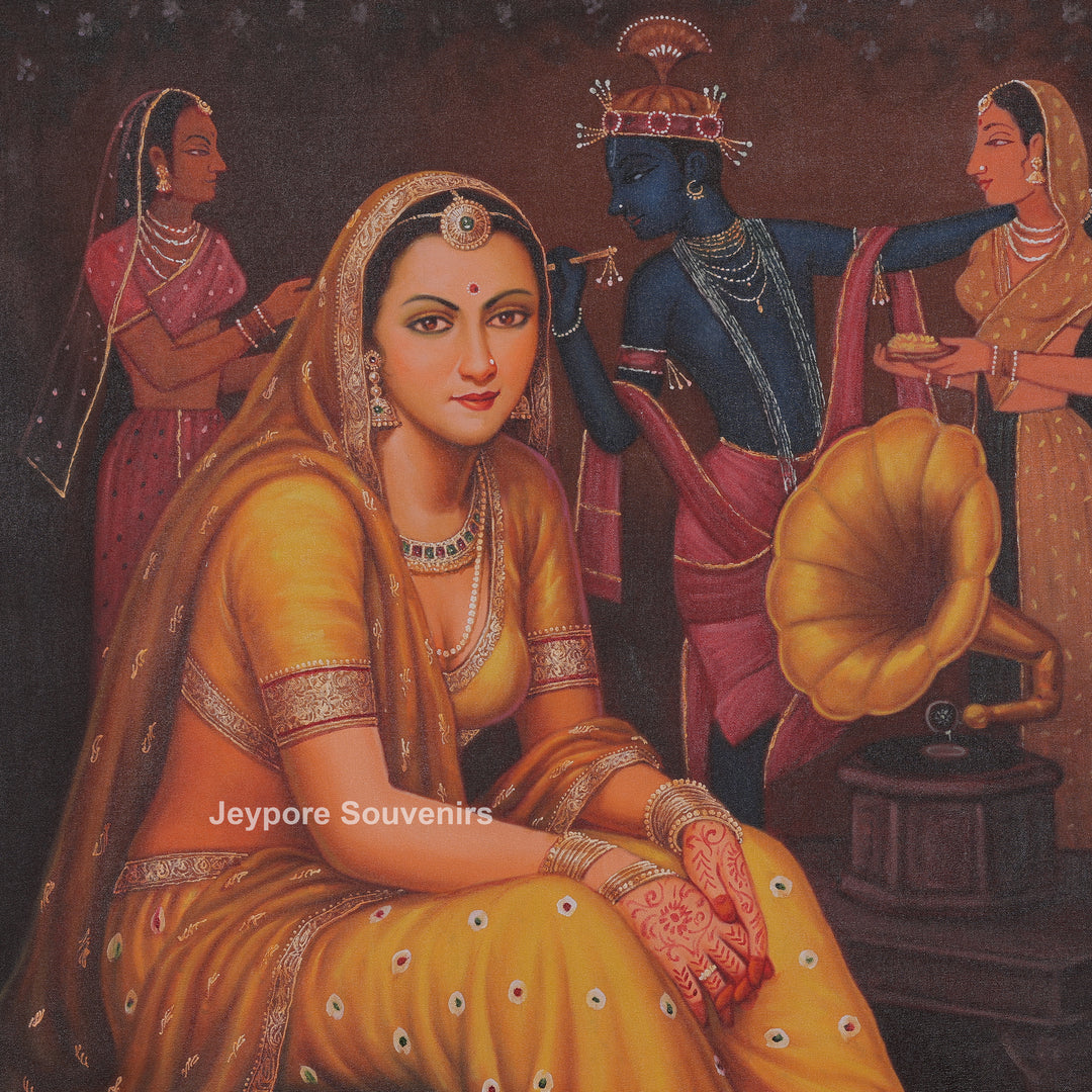 Lady Listening Bhajan Backdrop of Krishna and Gopi Figures - Painting