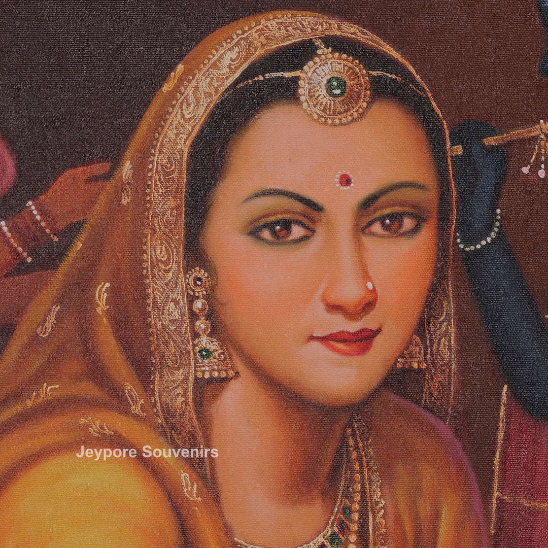 Lady Listening Bhajan Backdrop of Krishna and Gopi Figures - Painting