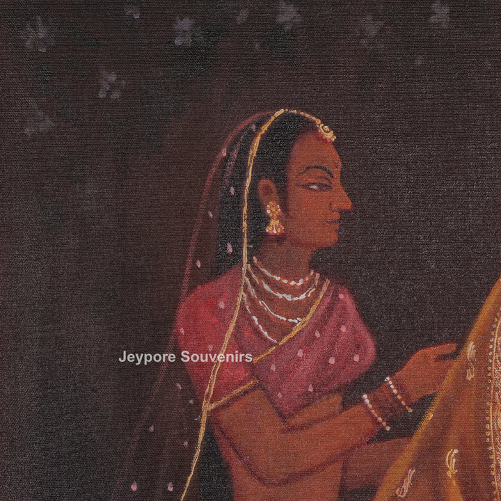 Lady Listening Bhajan Backdrop of Krishna and Gopi Figures - Painting
