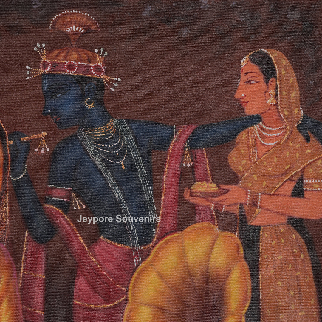Lady Listening Bhajan Backdrop of Krishna and Gopi Figures - Painting