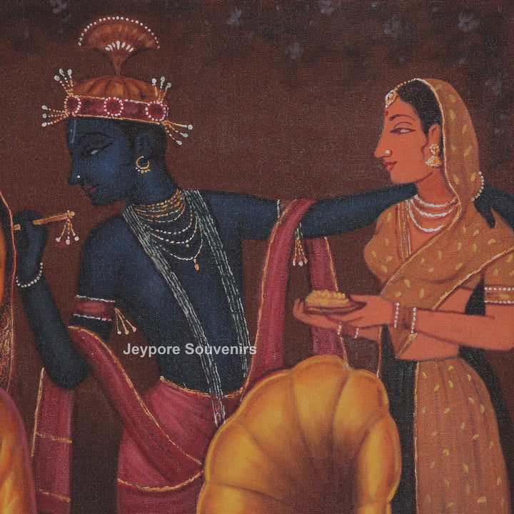 Lady Listening Bhajan Backdrop of Krishna and Gopi Figures - Painting
