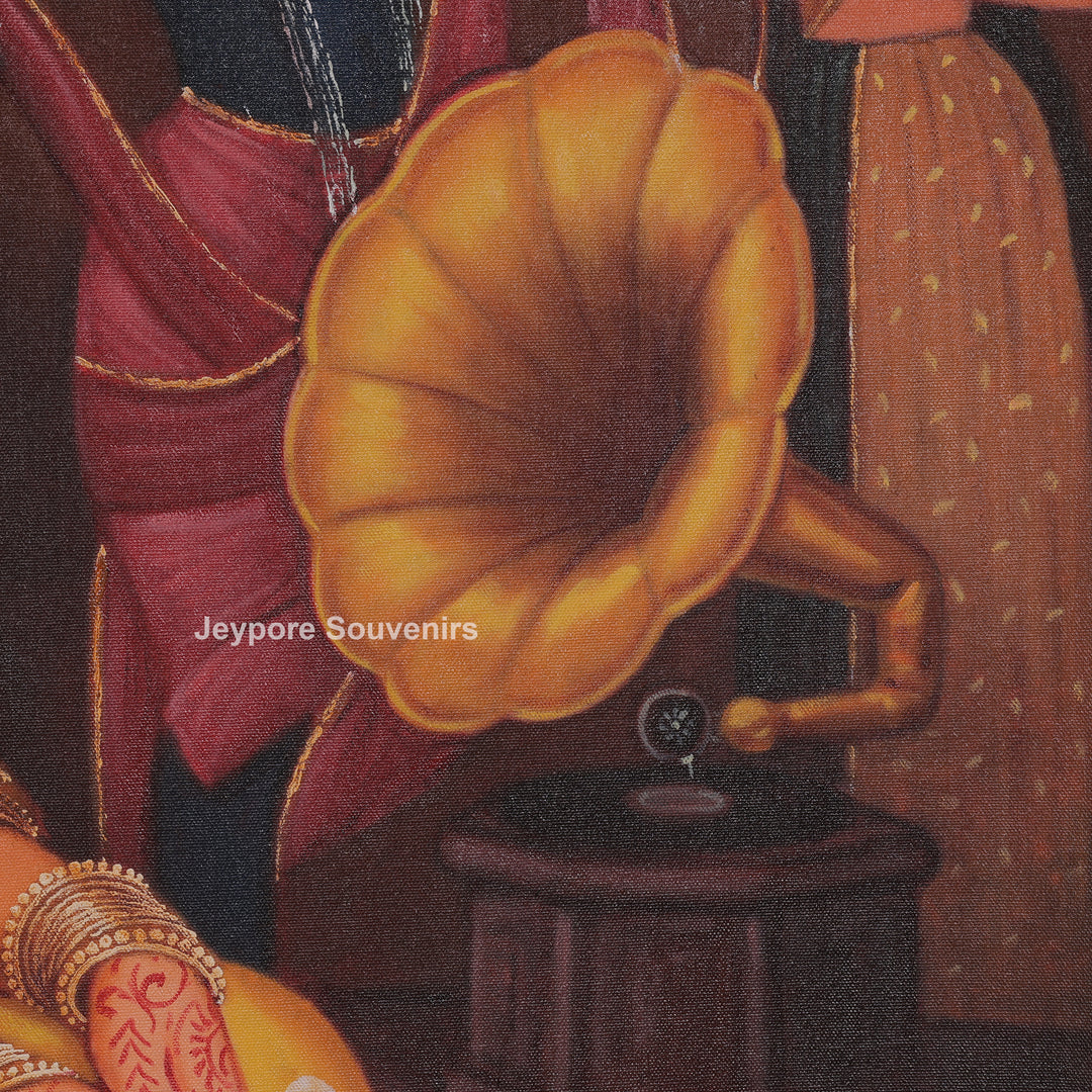 Lady Listening Bhajan Backdrop of Krishna and Gopi Figures - Painting