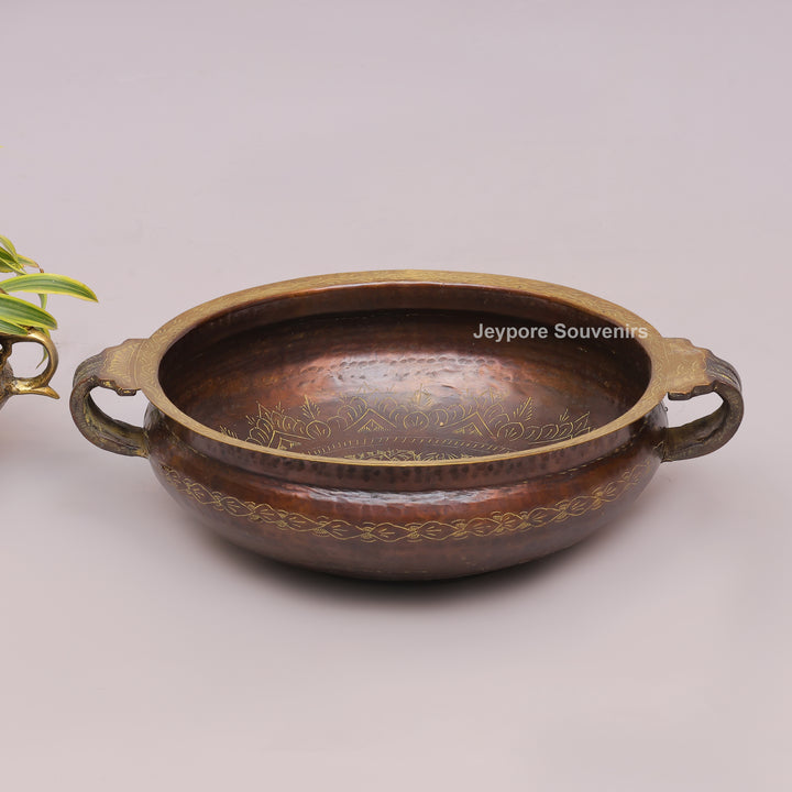 Antique Hammered Brass Urli Bowl with Floral Embossed Border &amp; Side Handles