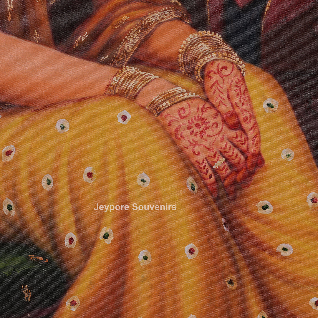 Lady Listening Bhajan Backdrop of Krishna and Gopi Figures - Painting