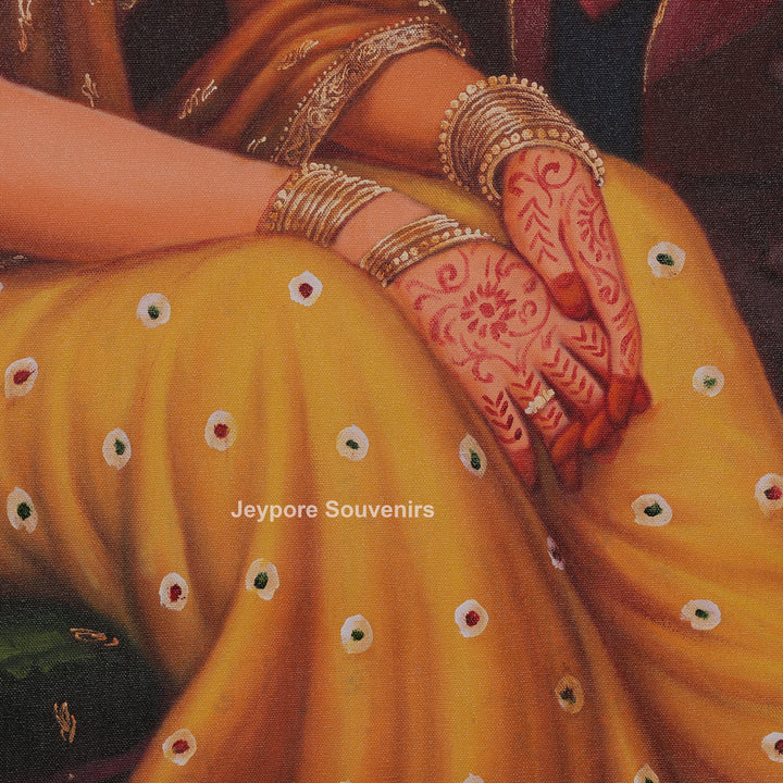 Lady Listening Bhajan Backdrop of Krishna and Gopi Figures - Painting