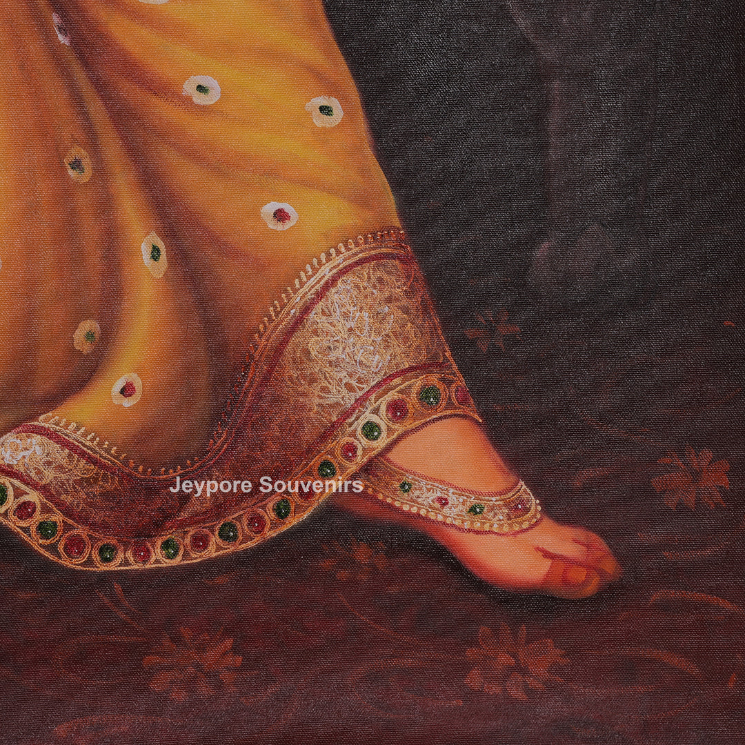 Lady Listening Bhajan Backdrop of Krishna and Gopi Figures - Painting