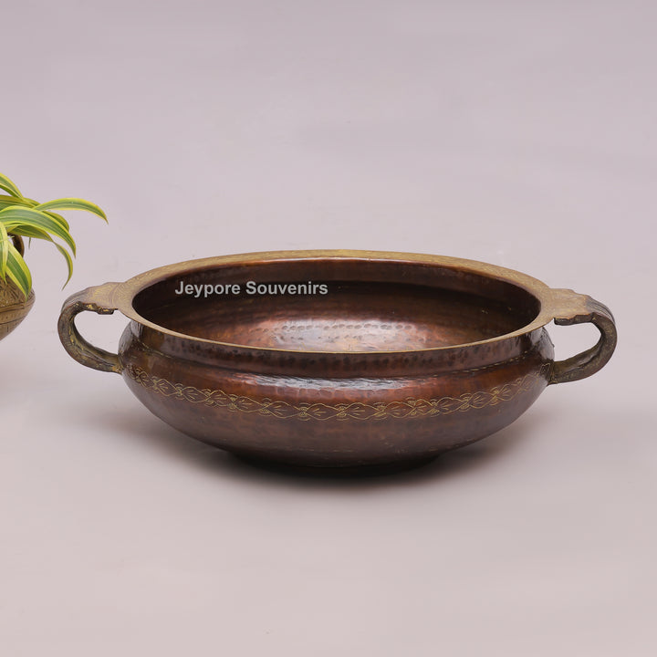 Antique Hammered Brass Urli Bowl with Floral Embossed Border &amp; Side Handles