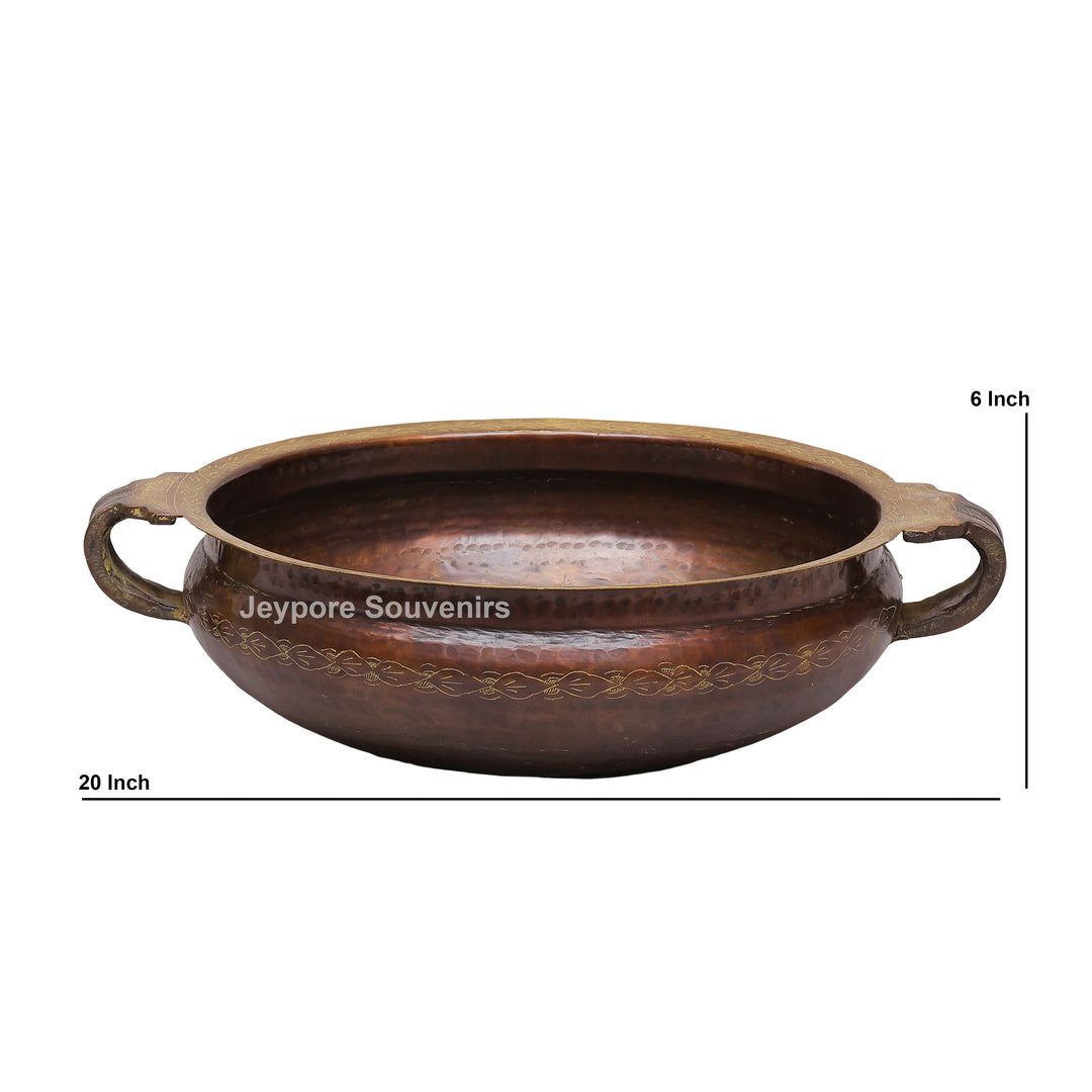 Antique Hammered Brass Urli Bowl with Floral Embossed Border &amp; Side Handles