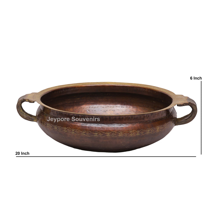 Antique Hammered Brass Urli Bowl with Floral Embossed Border &amp; Side Handles