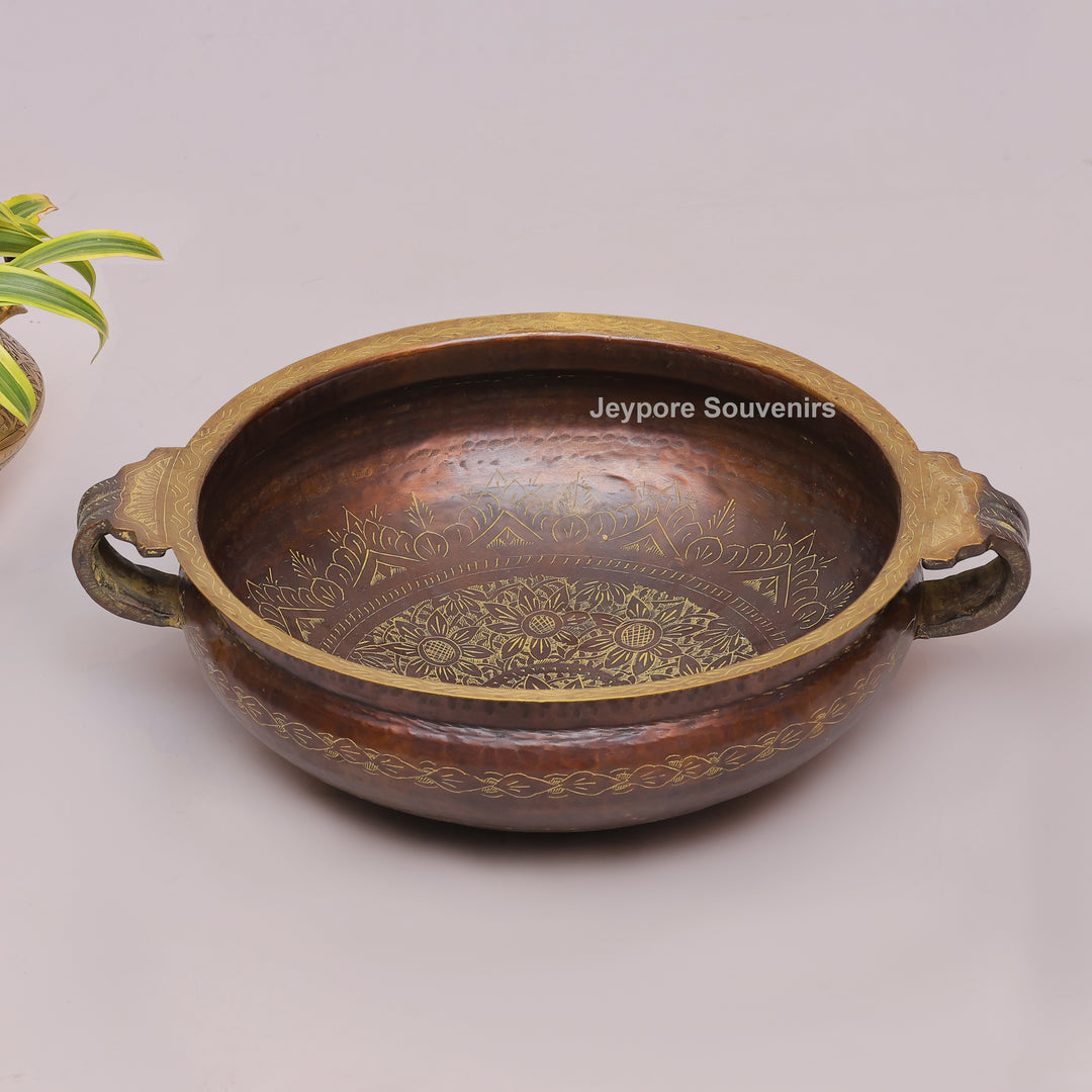 Antique Hammered Brass Urli Bowl with Floral Embossed Border &amp; Side Handles