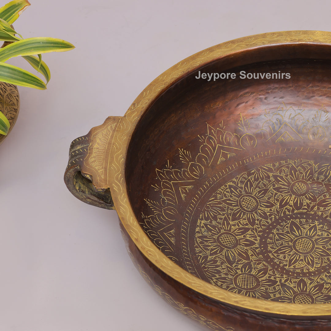 Antique Hammered Brass Urli Bowl with Floral Embossed Border &amp; Side Handles