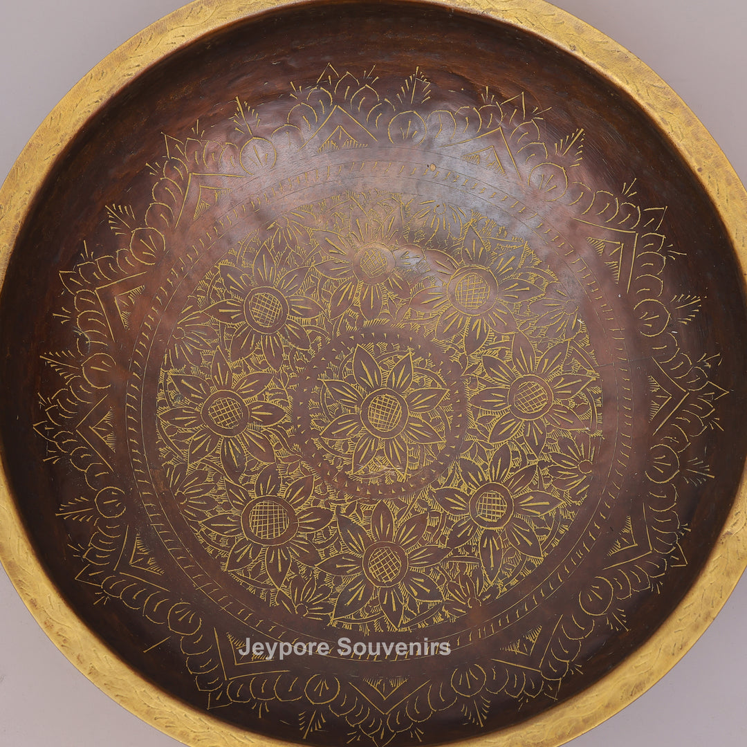 Antique Hammered Brass Urli Bowl with Floral Embossed Border &amp; Side Handles