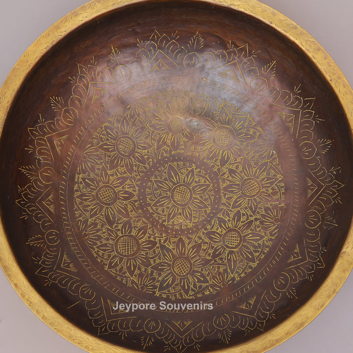 Antique Hammered Brass Urli Bowl with Floral Embossed Border &amp; Side Handles