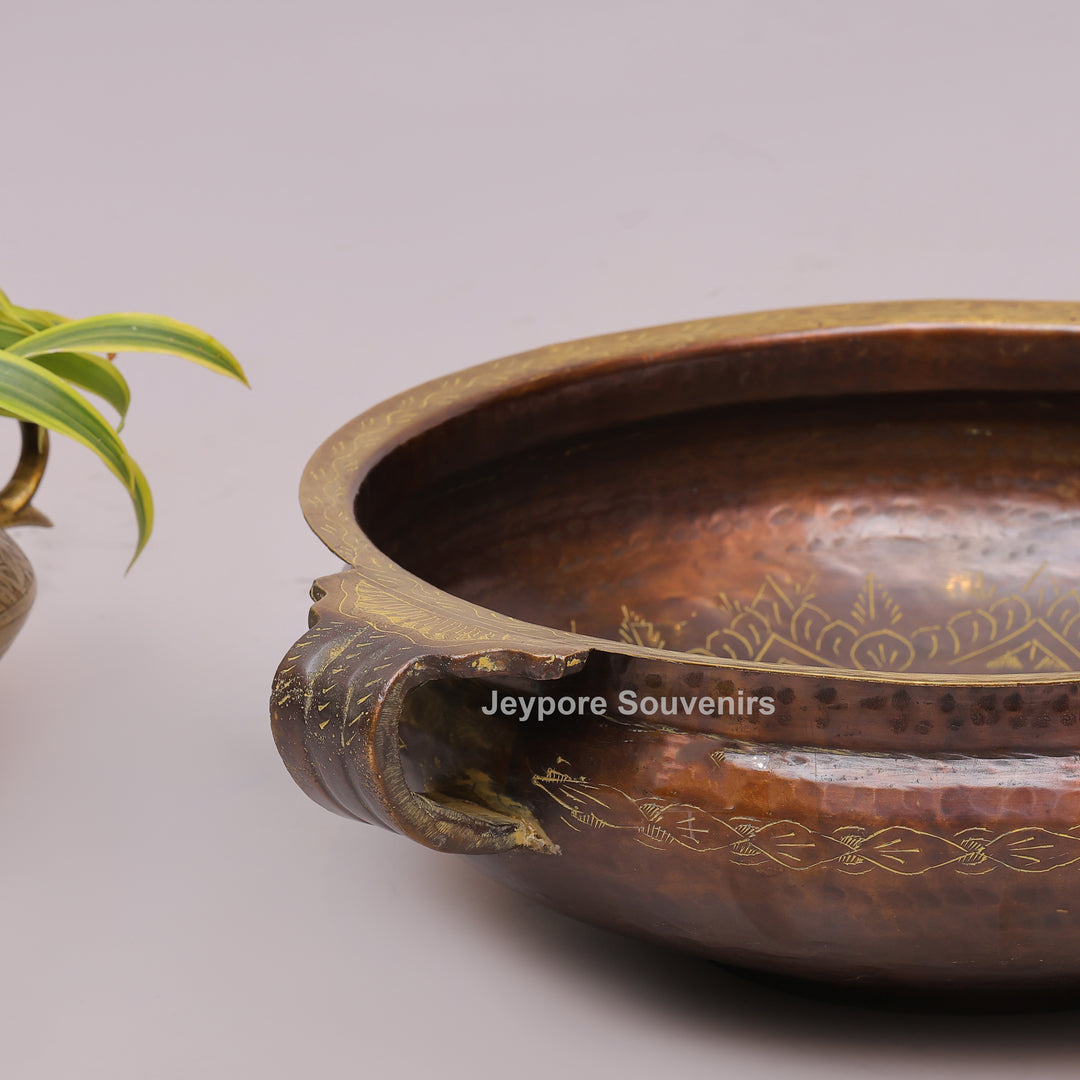 Antique Hammered Brass Urli Bowl with Floral Embossed Border &amp; Side Handles