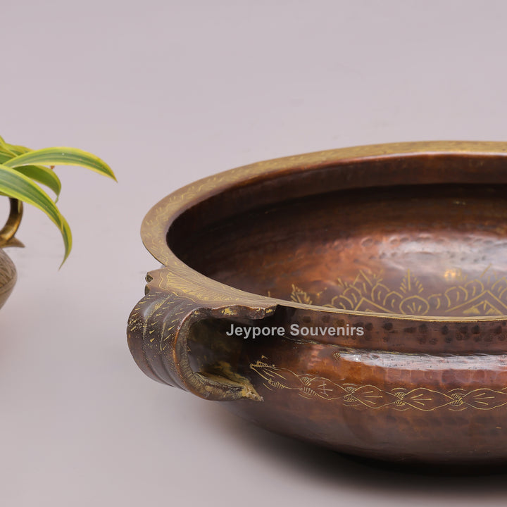 Antique Hammered Brass Urli Bowl with Floral Embossed Border &amp; Side Handles
