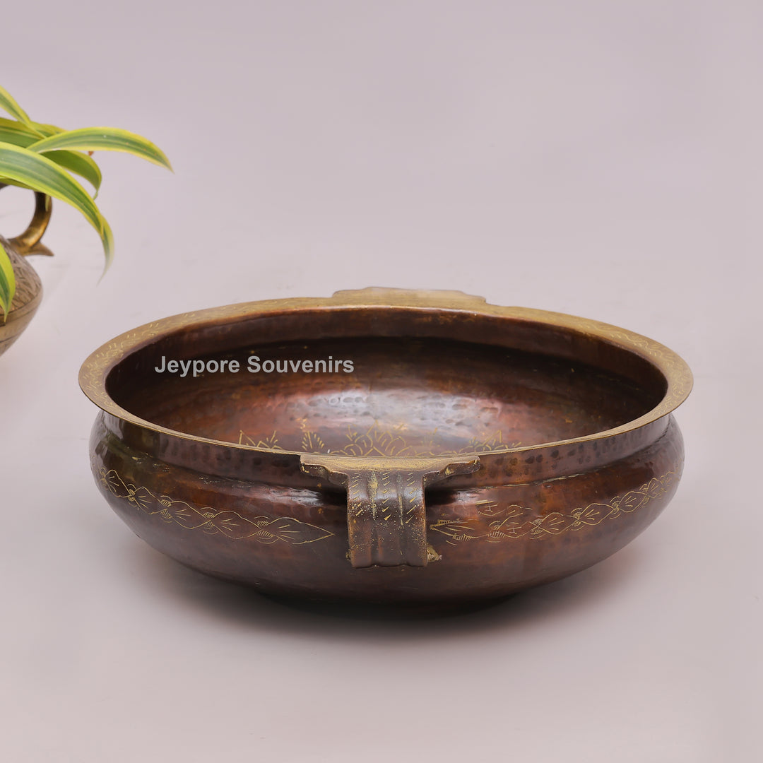 Antique Hammered Brass Urli Bowl with Floral Embossed Border &amp; Side Handles