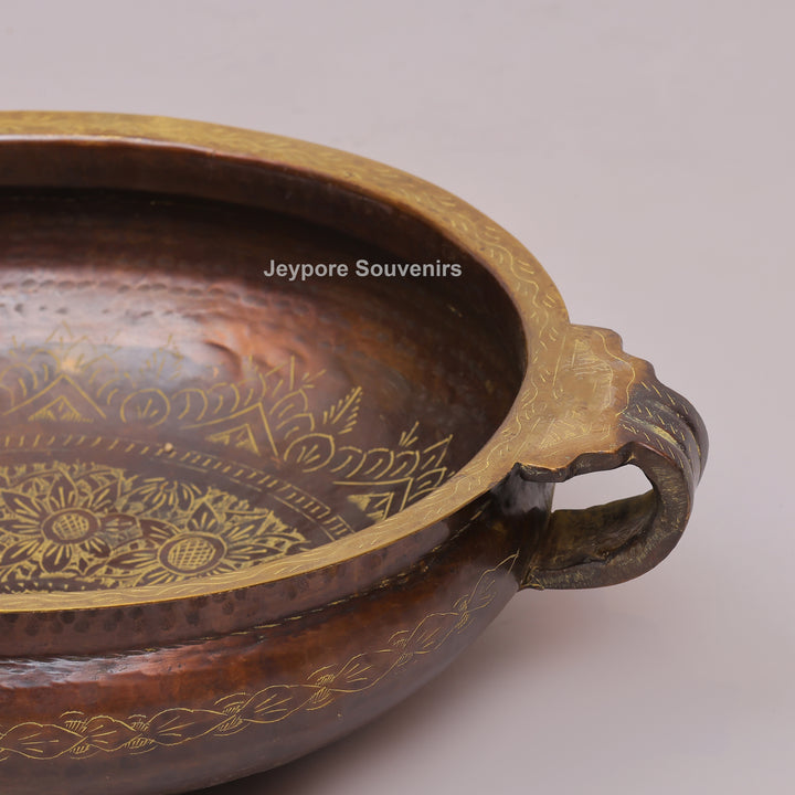 Antique Hammered Brass Urli Bowl with Floral Embossed Border &amp; Side Handles