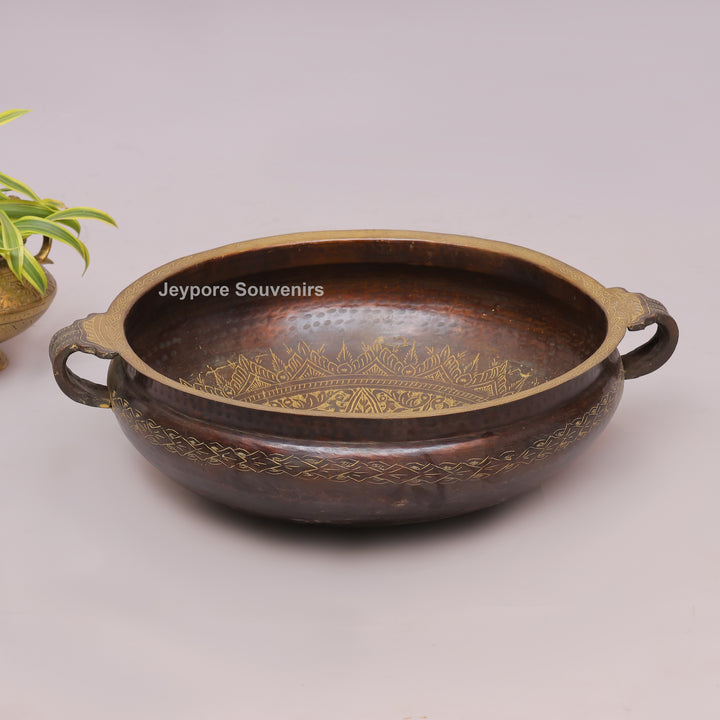 Antique Hammered Brass Urli Bowl with Embossed Border &amp; Side Handles