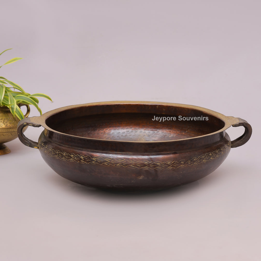 Antique Hammered Brass Urli Bowl with Embossed Border &amp; Side Handles