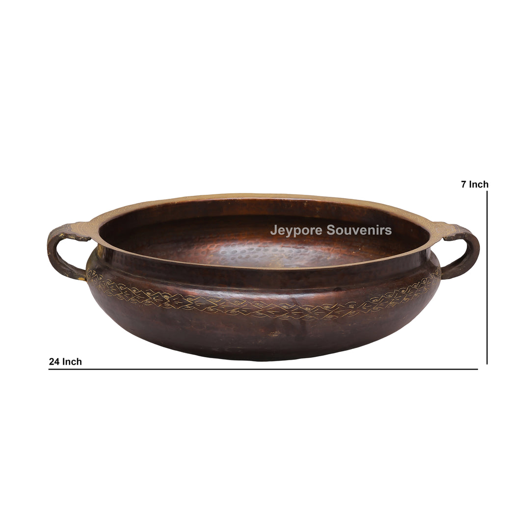 Antique Hammered Brass Urli Bowl with Embossed Border &amp; Side Handles