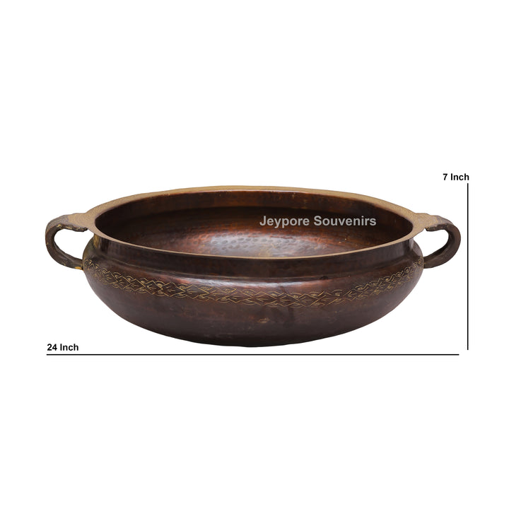 Antique Hammered Brass Urli Bowl with Embossed Border &amp; Side Handles