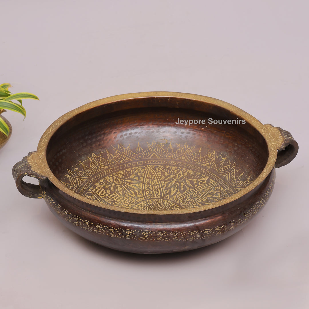 Antique Hammered Brass Urli Bowl with Embossed Border &amp; Side Handles
