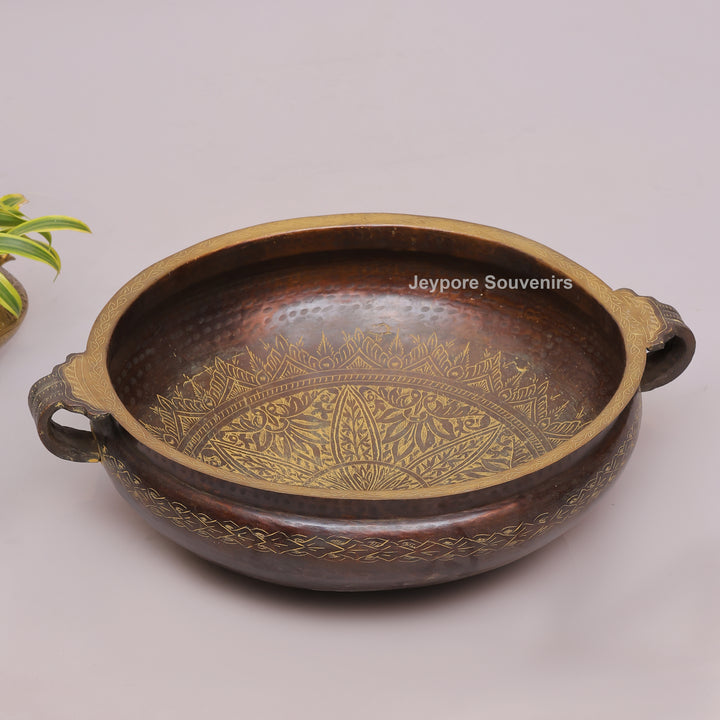 Antique Hammered Brass Urli Bowl with Embossed Border &amp; Side Handles