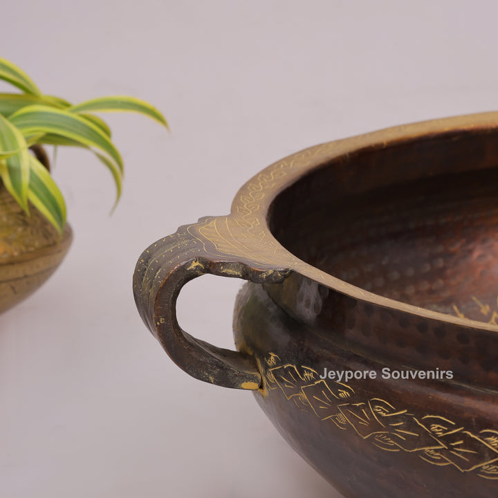 Antique Hammered Brass Urli Bowl with Embossed Border &amp; Side Handles