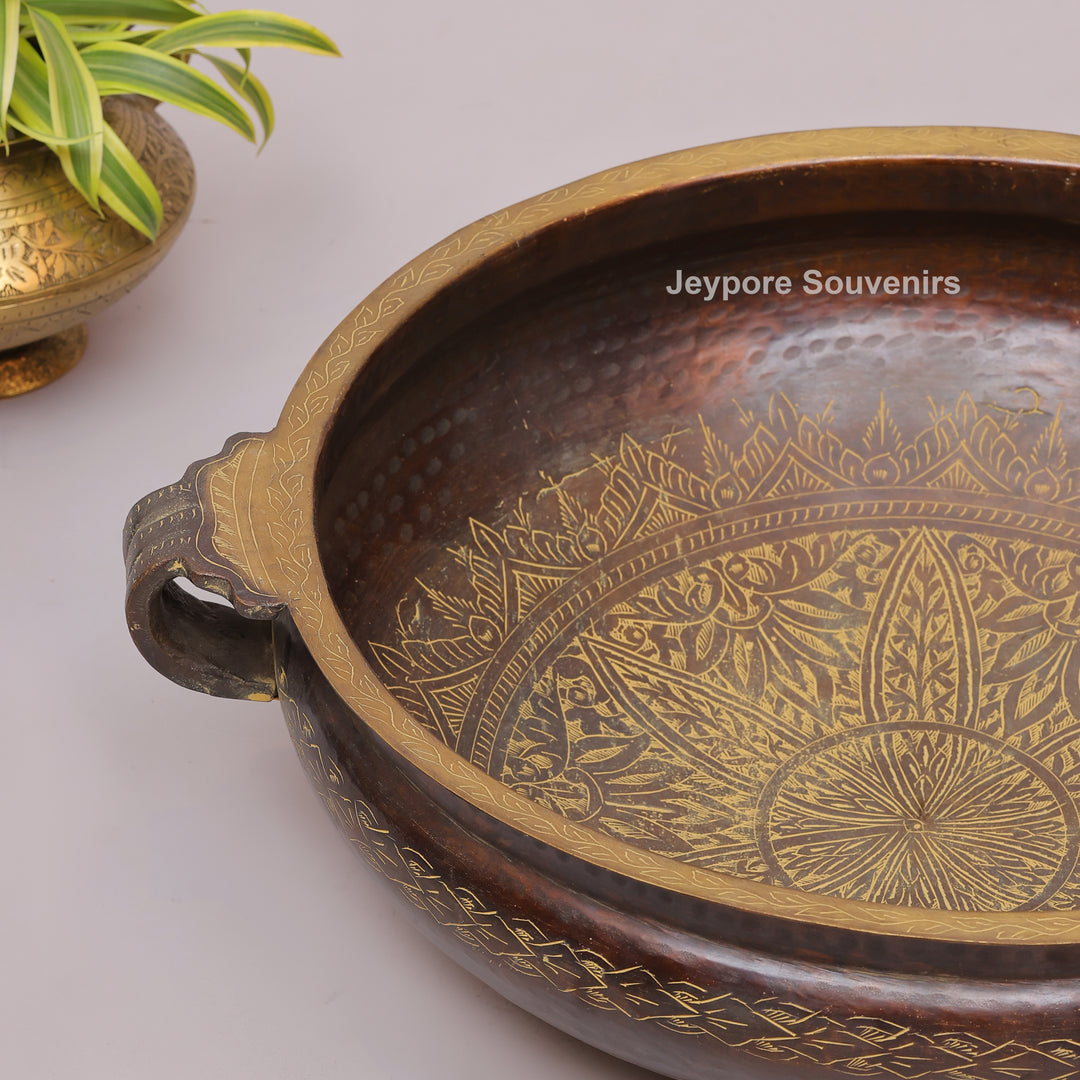 Antique Hammered Brass Urli Bowl with Embossed Border &amp; Side Handles