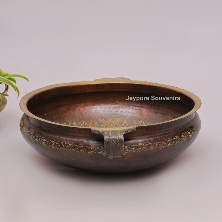 Antique Hammered Brass Urli Bowl with Embossed Border &amp; Side Handles