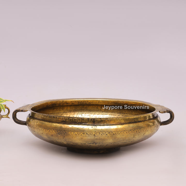 Handcrafted Brass Urli Bowl with Side Loop Handles &amp; Engraved Rim Design