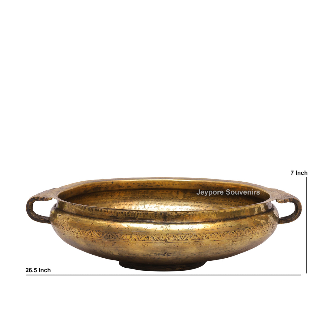 Handcrafted Brass Urli Bowl with Side Loop Handles &amp; Engraved Rim Design