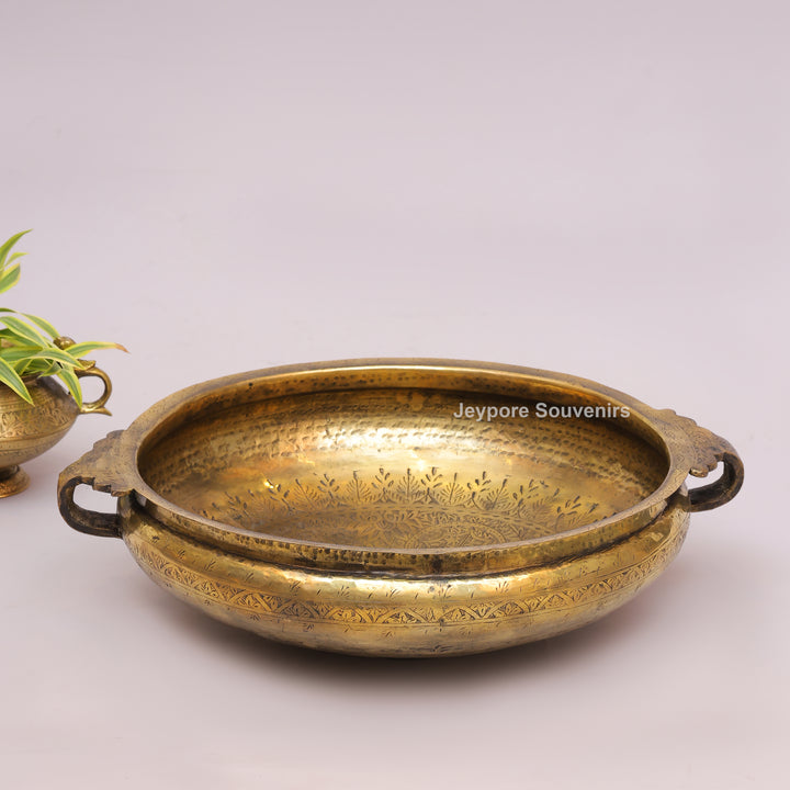 Handcrafted Brass Urli Bowl with Side Loop Handles &amp; Engraved Rim Design