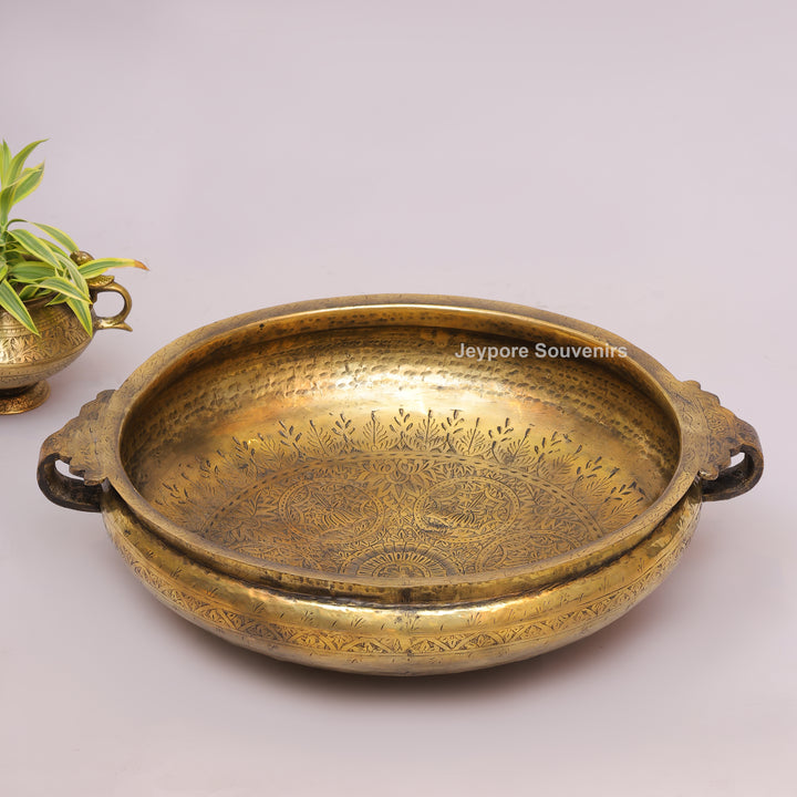 Handcrafted Brass Urli Bowl with Side Loop Handles &amp; Engraved Rim Design