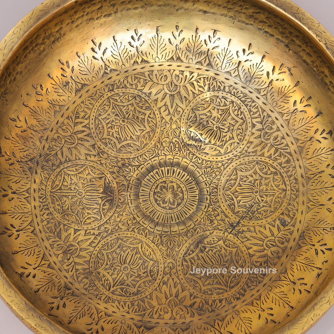 Handcrafted Brass Urli Bowl with Side Loop Handles &amp; Engraved Rim Design
