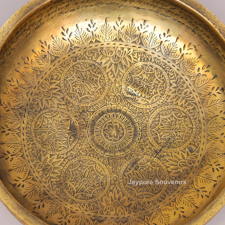 Handcrafted Brass Urli Bowl with Side Loop Handles &amp; Engraved Rim Design