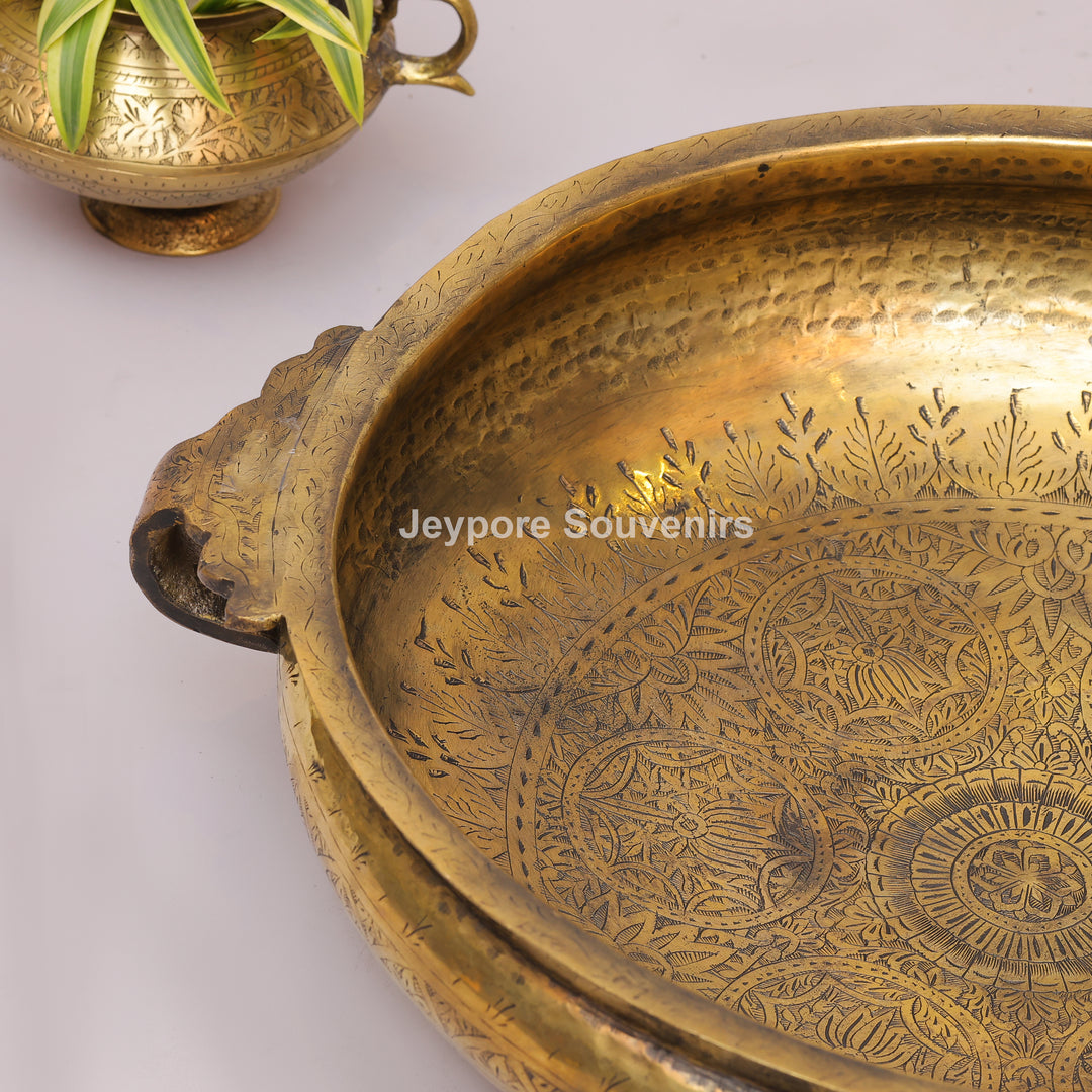 Handcrafted Brass Urli Bowl with Side Loop Handles &amp; Engraved Rim Design