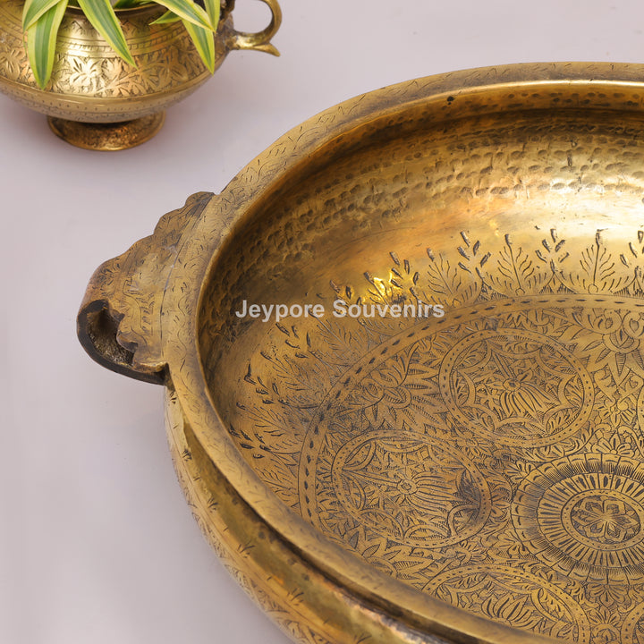 Handcrafted Brass Urli Bowl with Side Loop Handles &amp; Engraved Rim Design