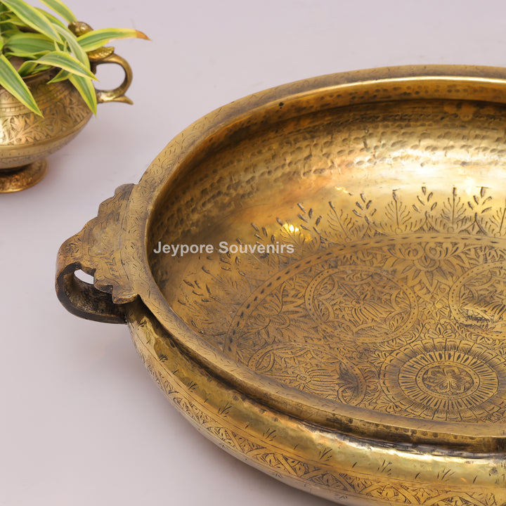 Handcrafted Brass Urli Bowl with Side Loop Handles &amp; Engraved Rim Design