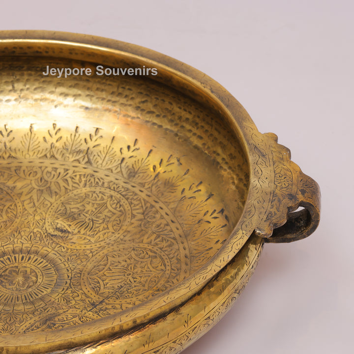 Handcrafted Brass Urli Bowl with Side Loop Handles &amp; Engraved Rim Design
