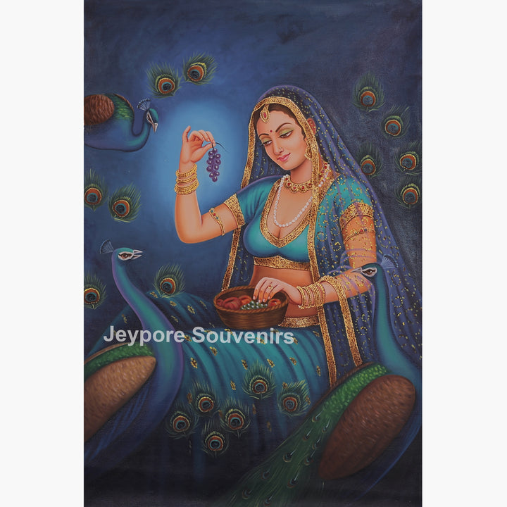 Radha With Peacock in Blue - Handmade Painting