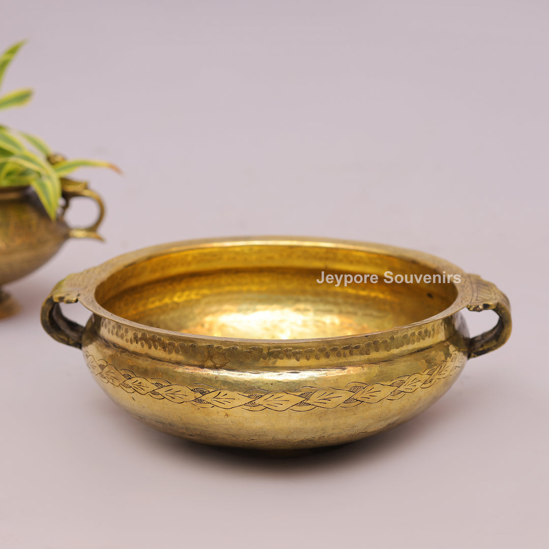 Traditional Handcrafted Brass Urli Bowl With Side Handles and Engraved Floral