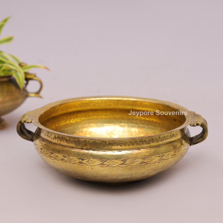 Traditional Handcrafted Brass Urli Bowl With Side Handles and Engraved Floral