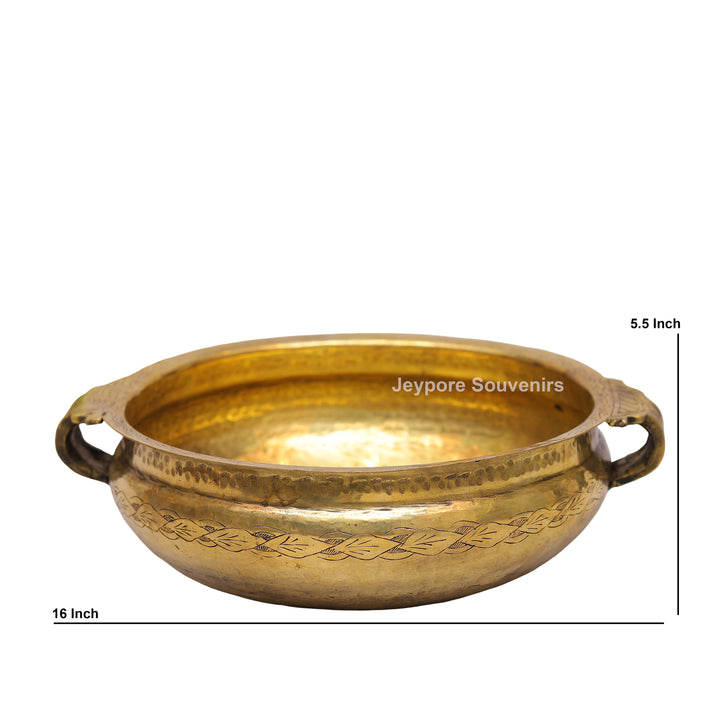 Traditional Handcrafted Brass Urli Bowl With Side Handles and Engraved Floral
