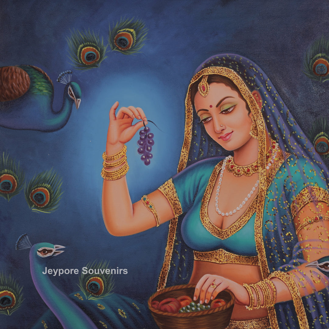 Radha With Peacock in Blue - Handmade Painting