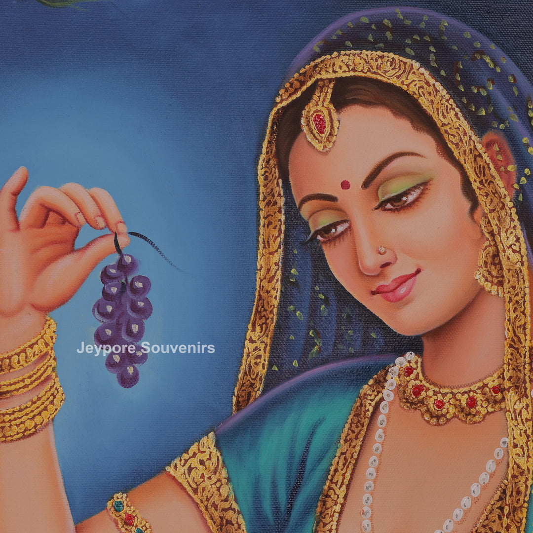 Radha With Peacock in Blue - Handmade Painting