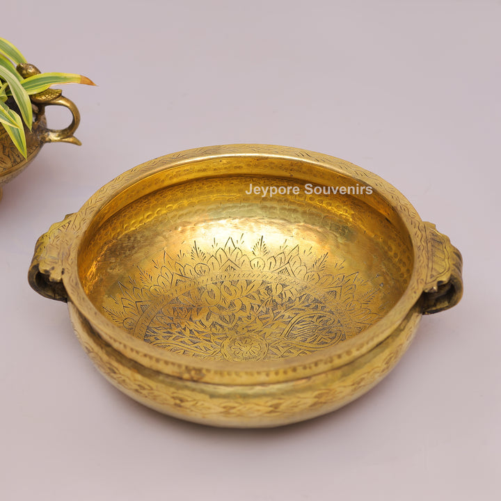 Traditional Handcrafted Brass Urli Bowl With Side Handles and Engraved Floral