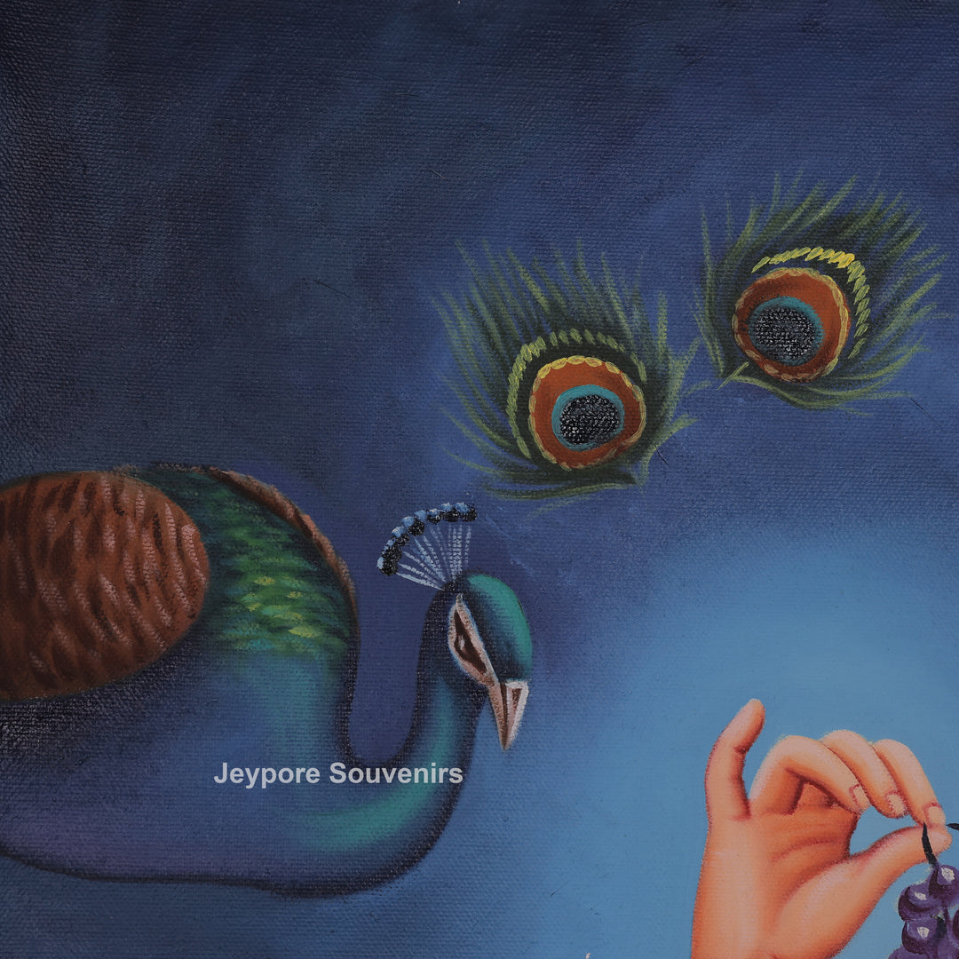 Radha With Peacock in Blue - Handmade Painting
